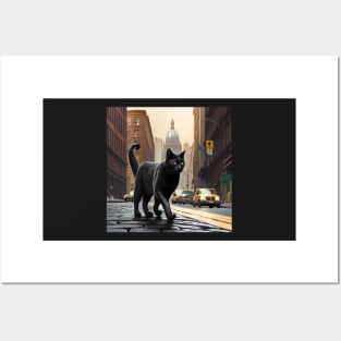 Black Cat walking down a street in the city Sticker Posters and Art
